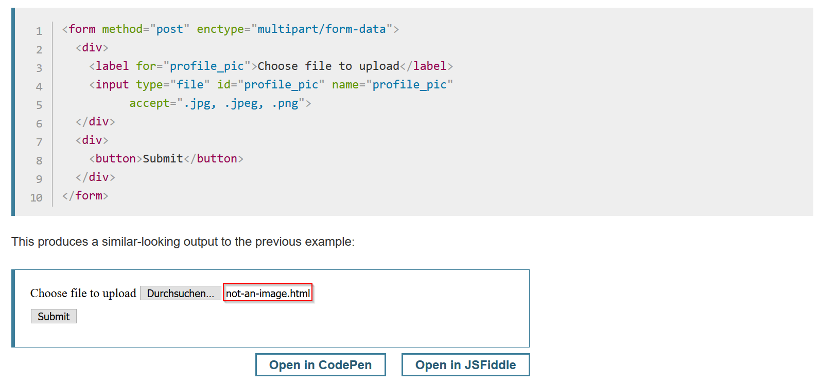 how to use input type file in jsfiddle